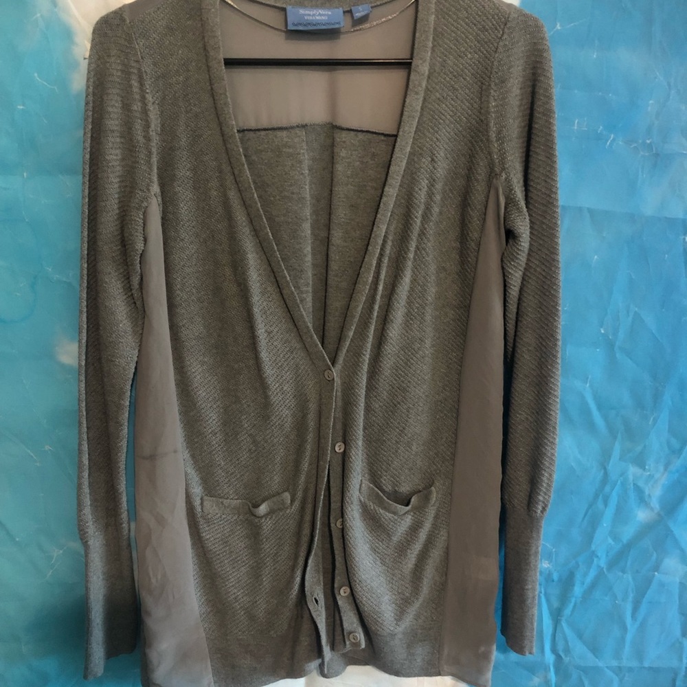 Gray sweater with sheer accents